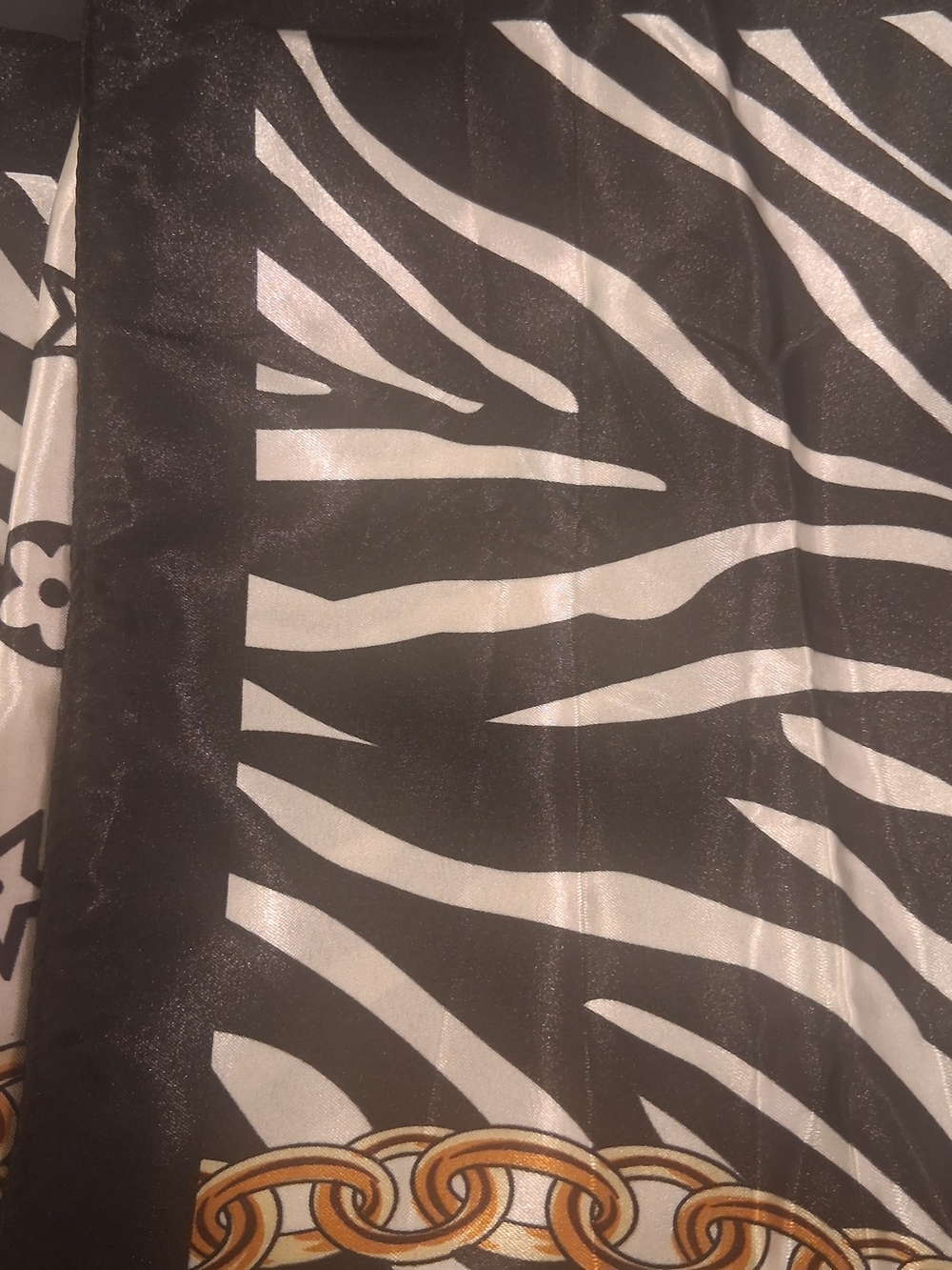 Silk-Feel Black & White Chain Print Scarf with Gold Accents - Picture 2 of 2
